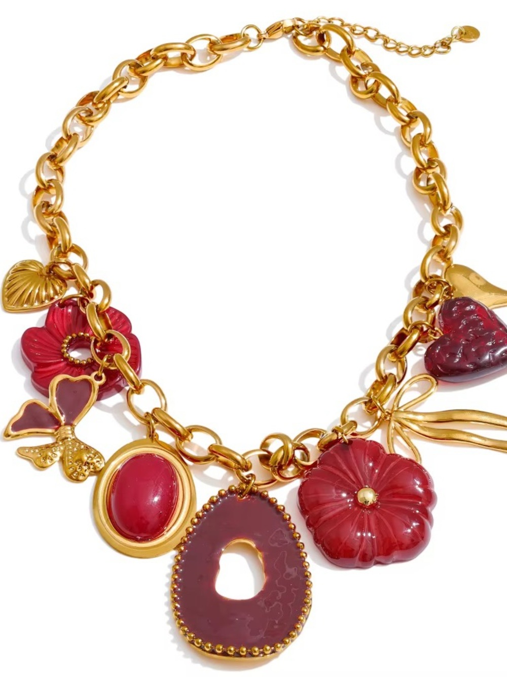 Gold-Tone Red Charm Statement Necklace